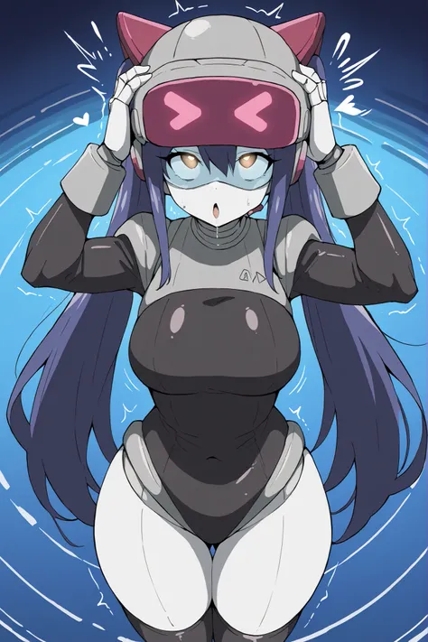 2d, Best quality, masterpiece, wide angle, solo, 1girl, solo, wendy marvell, long hair, hair ornament, ribbon, hair between eyes, twintails, brown eyes, very long hair, blue hair, very thicc white outline, white skin, she wearing black leather long sleeves...