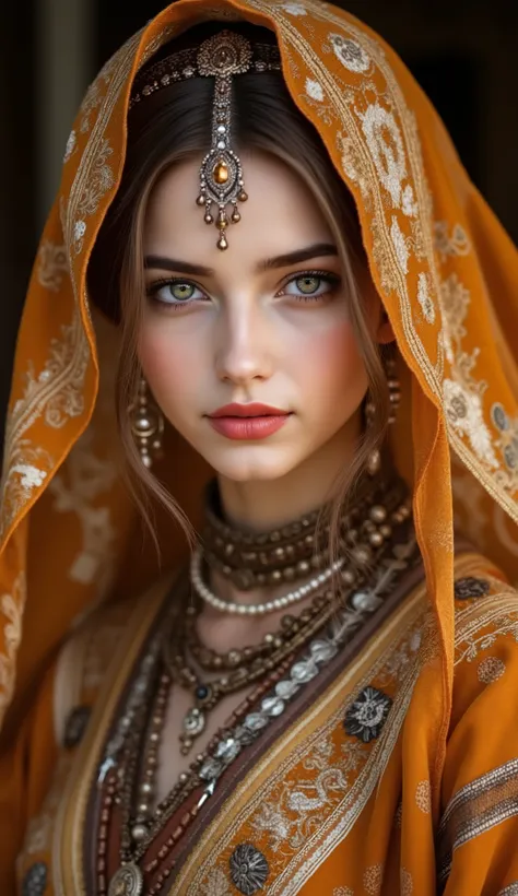 A striking portrait of a young woman with fair skin and penetrating eyes, wearing an elaborate traditional costume. She is adorned with a richly embroidevermelho orange and gold headscarf that drapes over her head and shoulders, featuring intricate white a...