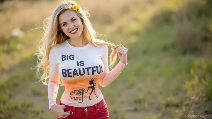 busty, Body paint, photorealistic photo, atmospheric perspective, full body perspective, sunny summerday, a stunning beautiful teenage girl is bodypainted a full body white fading to orange T-shirt with long sleeves and a playful and humorous graphic desig...