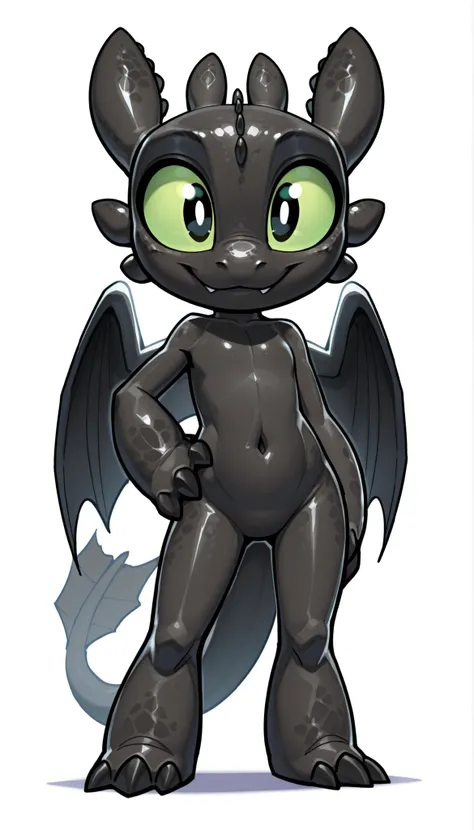 score_9, score_8_up, score_7_up, anthro, masterpiece, best quality, amazing quality, very aesthetic, absurdres, source furry, 1boy, toothless_httyd, dragon, night fury, black scales, wings, tail, claws, full body, feets with three toes, solo, green sclera,...