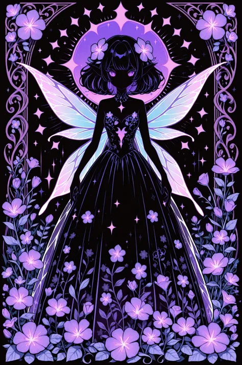  (Absurdres:1.2), exquisitely detailed Mystical Nightshade Fairy: A fairy with wings patterned like nightshade flowers, wearing a coquette dress with dark, floral motifs. Individual graphic, die-cut sticker., 8k resolution, illustration| ((More_Detail)) 
