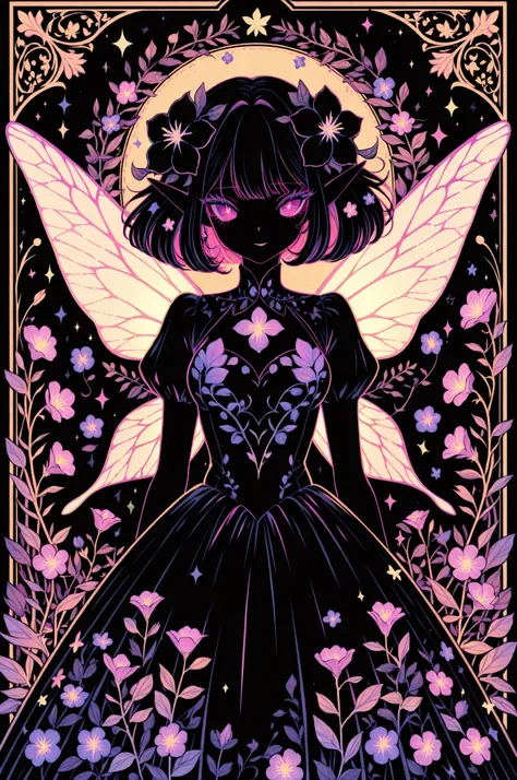  (Absurdres:1.2), exquisitely detailed Mystical Nightshade Fairy: A fairy with wings patterned like nightshade flowers, wearing a coquette dress with dark, floral motifs. Individual graphic, die-cut sticker., 8k resolution, illustration| ((More_Detail)) 
