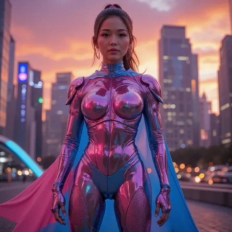 makes her stand out with an overwhelming presence in the futuristic cityscape at dusk、A woman is standing in the hall々The traffic system、with skyscrapers towering in the background、The sky is dyed in shades of orange and pink、 Her outfit 、This is a shiny m...