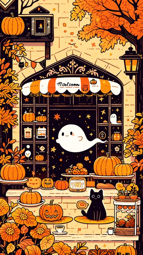  Cute ghost enjoying a drink at an autumn cafe, warm autumnal colors, detailed flowers, pumpkins, and a black cat, soft and rounded shapes with simple, stylized details, cozy and whimsical, indistinguishable from the original illustration. 