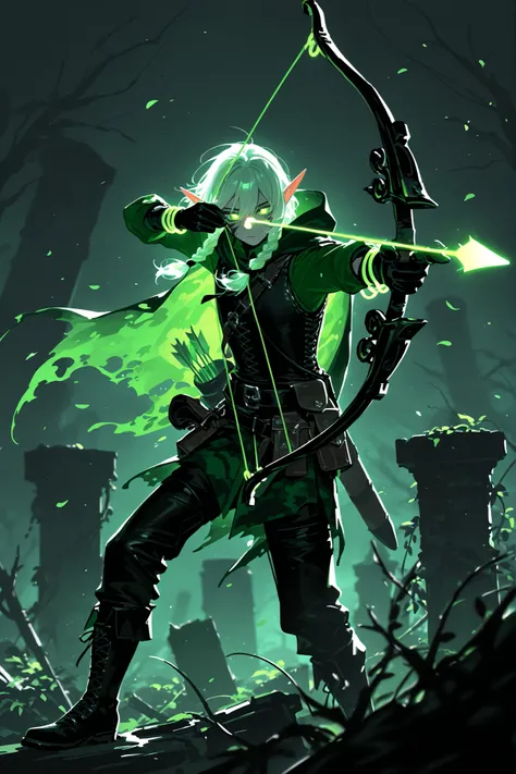 (glowing,xxx667_illu,drawing bow (weapon),aiming at viwer,arrow (projectile),bow (weapon),holding bow (weapon),aiming,) Male elf archer is an adventurer. He has pale skintone. He has  brown long hair braided in two braids. He has green glowing eyes. He has...