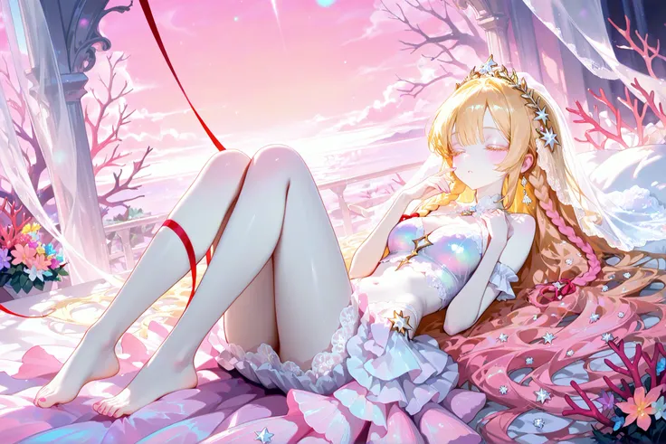 super detail, masterpiece, best quality, high resolution, 8k, ultra high anatomy, facial, only 1 girl, Side braid very long hair, blonde hair, colorful flower and coral Hair accessories, opaque white lace veil, golden hair, golden eyes, white diamond shape...