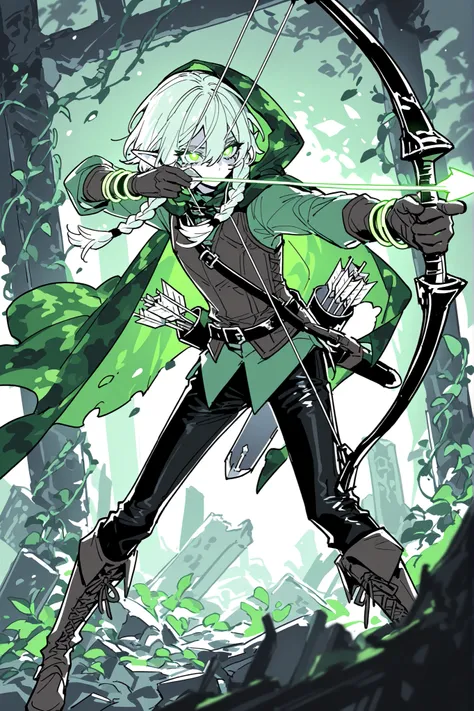 (glowing,xxx667_illu,drawing bow (weapon),aiming at viwer,arrow (projectile),bow (weapon),holding bow (weapon),aiming,) Male elf archer is an adventurer. He has pale skintone. He has  brown long hair braided in two braids. He has green glowing eyes. He has...