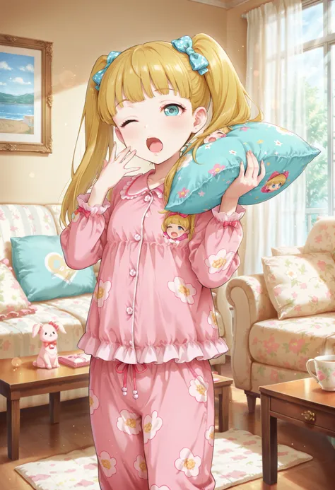 Score_9, score_8_up, score_7_up, source_anime, mary cochran, solo, twintails, blonde hair, aqua eyes, petit, flat chest, (best quality), (high quality), {masterpiece}, extremely delicate and beautiful, ultra-detailed, beautiful detailed eyes, pink pajamas,...