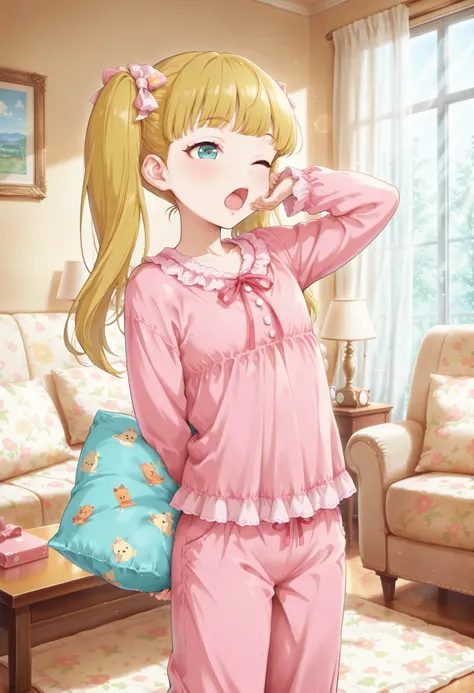 Score_9, score_8_up, score_7_up, source_anime, mary cochran, solo, twintails, blonde hair, aqua eyes, petit, flat chest, (best quality), (high quality), {masterpiece}, extremely delicate and beautiful, ultra-detailed, beautiful detailed eyes, pink pajamas,...