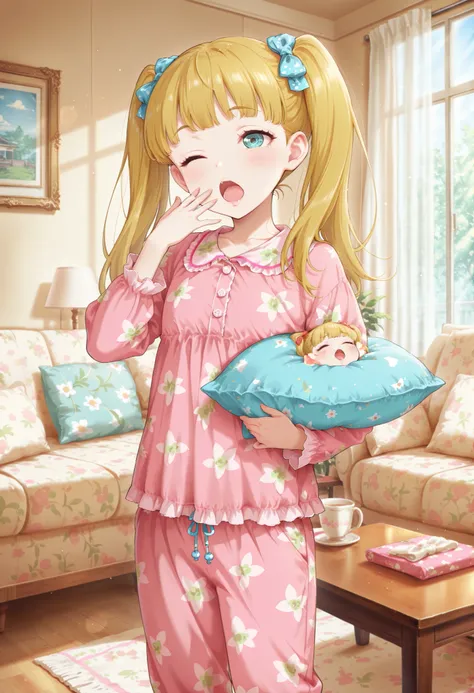 Score_9, score_8_up, score_7_up, source_anime, mary cochran, solo, twintails, blonde hair, aqua eyes, petit, flat chest, (best quality), (high quality), {masterpiece}, extremely delicate and beautiful, ultra-detailed, beautiful detailed eyes, pink pajamas,...