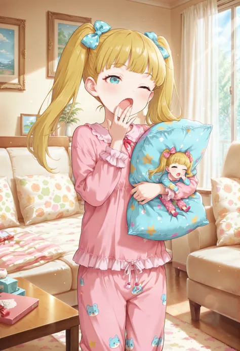 Score_9, score_8_up, score_7_up, source_anime, mary cochran, solo, twintails, blonde hair, aqua eyes, petit, flat chest, (best quality), (high quality), {masterpiece}, extremely delicate and beautiful, ultra-detailed, beautiful detailed eyes, pink pajamas,...