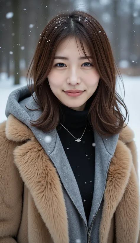  (  snow is piling up、small silver necklace 、  Black Turtleneck、grey( is good )Hooded coat、Extravagant Mink Coat 、 cowgirl shot   :1.4) .   Medium Short Hair　gentle wavy hair、 、 smile、      wind is blowing that can be flipped slightly           、  SNOWS 、f...