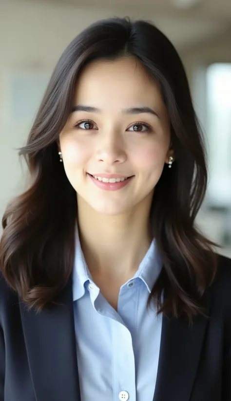 Neat Young Woman、looking at the camera、office lady suit、jacket、shirt、Ear piercings、髪型セミロング 、歯を見せた笑顔、満面の笑み、face close-up、The background is office
