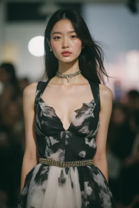 luxury fashion photo of an Asian model wearing a black and white specially designed dress, tight waist shows proportion, flowing long skirt, Sexy Poses, Realistic sharp face, pastel finish background, emphasizes texture and texture.