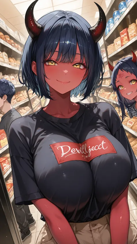 cute,748cm style, (masterpiece:1.2, Highest Quality), (Beautiful Detailed Eyes:1.2), ((美しいRed skinの女の子)), (highly detailed CG, Ultra Details), (very detailed and beautiful:1.1), (perfect detail:1.1), (cute女の子:1.2), (upper body, Dutch Angle), (devil horns g...