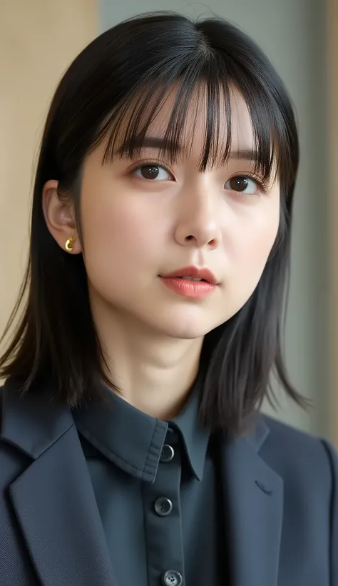 Neat Young Woman、looking at the camera、office lady suit、jacket、shirt、耳にピアス、、無表情、、face close-up、The background is office
