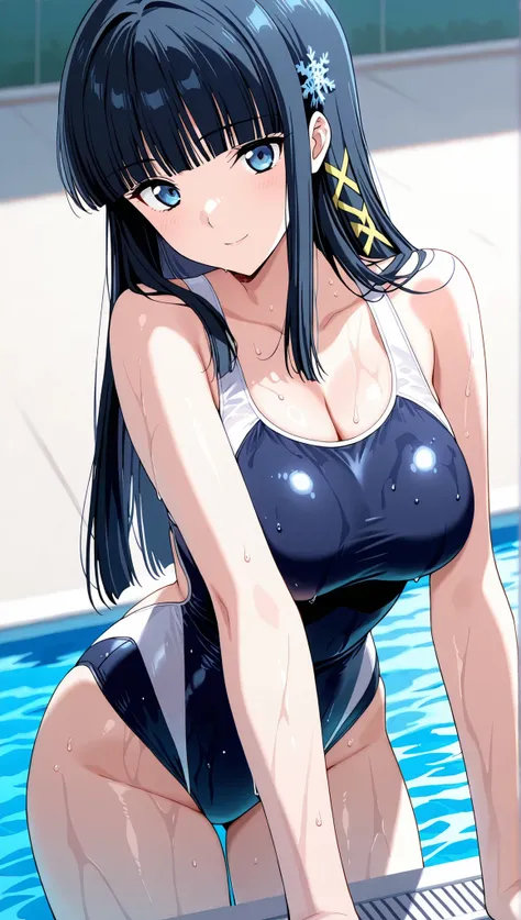 [[miyuki250219]],1lady, beauty, glossy lips,Rouge,detail eyes,dynamic angle,from below,(poolside:1.3),anime,

shiba miyuki, black hair,long hair, blunt bangs, eyebrows visible through hair, blue eyes, snowflake hair ornament, (yellow x hair ornament:1.3),s...