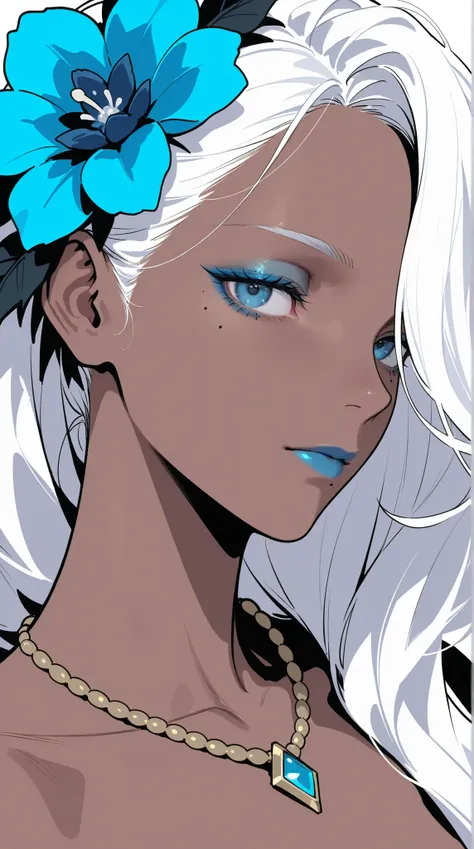 HDR, masterpiece, Highest Quality, Very Aesthetic, (realistic:1.1), (Flat Color:1.5),
Sharan, 1girl, solo, long hair, staring at viewers, blue eyes, simple background, hair ornaments, white background, close their mouths, gem, collarbone, gray hair, Flower...