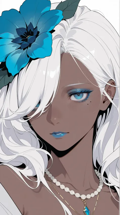 HDR, masterpiece, Highest Quality, Very Aesthetic, (realistic:1.1), (Flat Color:1.5),
Sharan, 1girl, solo, long hair, staring at viewers, blue eyes, simple background, hair ornaments, white background, close their mouths, gem, collarbone, gray hair, Flower...