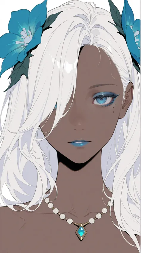 HDR, masterpiece, Highest Quality, Very Aesthetic, (realistic:1.1), (Flat Color:1.5),
Sharan, 1girl, solo, long hair, staring at viewers, blue eyes, simple background, hair ornaments, white background, close their mouths, gem, collarbone, gray hair, Flower...