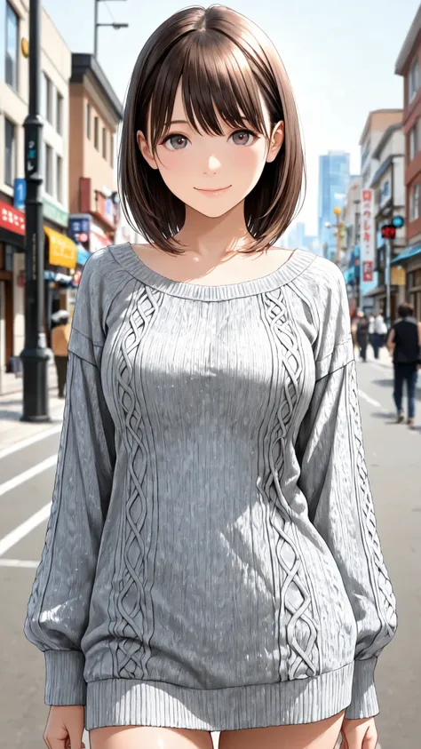 candid street photography style, cute young Japanese woman, sweet and gentle atmosphere, wearing a gray knit top、and emphasizes a rich bust {x}, natural pose, soft smile, Daytime city background, natural light, realistic texture, very detailed, realistic,
...