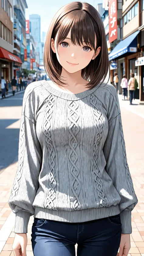 candid street photography style, cute young Japanese woman, sweet and gentle atmosphere, wearing a gray knit top、and emphasizes a rich bust {x}, natural pose, soft smile, Daytime city background, natural light, realistic texture, very detailed, realistic,
...