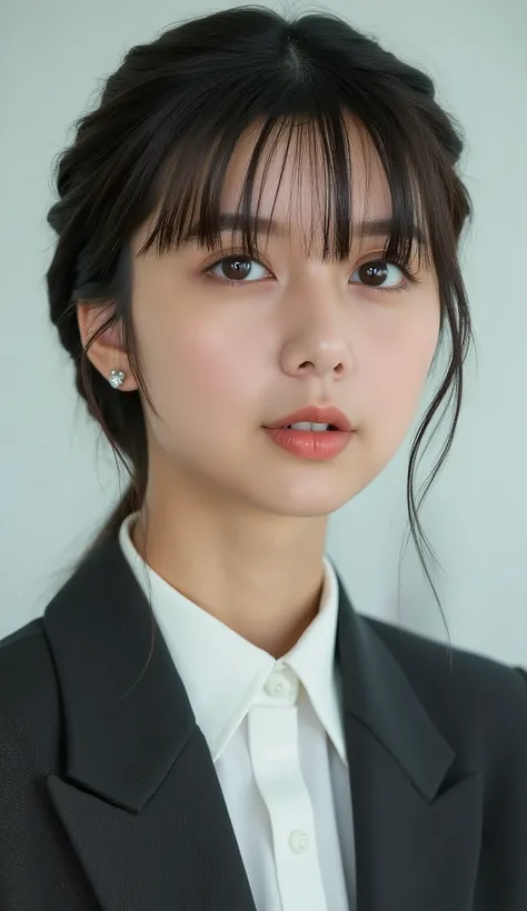 Neat Young Woman、looking at the camera、office lady suit、jacket、shirt、耳にピアス、、濃いアイメイク、、無表情、、face close-up、The background is office
