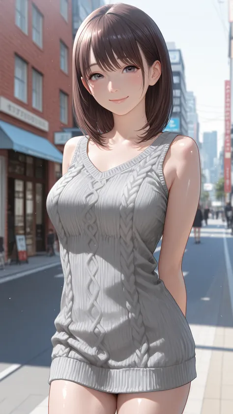 candid street photography style, cute young Japanese woman, sweet and gentle atmosphere, wearing a gray knit top、and emphasizes a rich bust {x}, natural pose, soft smile, Daytime city background, natural light, realistic texture, very detailed, realistic,
...