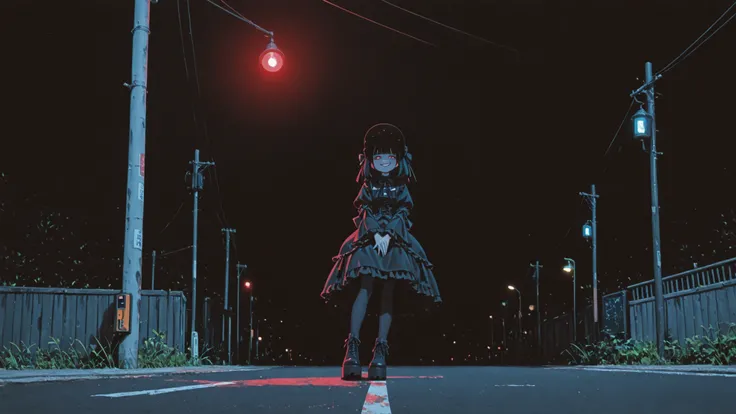 1boy、Gothic Lolita 、Roadside in the dark countryside of Japan、illuminated by streetlights on telephone poles、full body、watching viewers、expression hidden in a hat、evil smile、There are no shadows at the feet of the protagonist、top quality、8K quality、High fi...