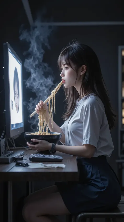 8K, high-definition, in a pitch-black room, lit only by the light of a computer on a desk, a beautiful but eerie girl silently slurps ramen.