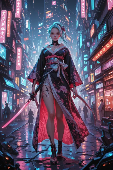1girl,in futurecity,cyberpunk,samurai,kimono,hold a sword,beautiful sword,neon,future,building,