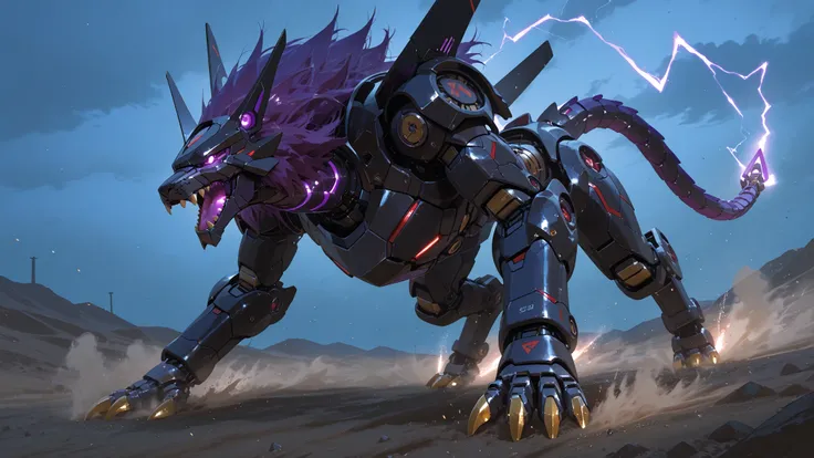 Mechanical lion in full quadrupedal beast form. Cybernetic animal-style mecha in anime illustration style, concept art. The robot is running through a desolate wasteland. Its head functions as a cockpit with an orange-tinted glass coffin-shaped canopy stre...