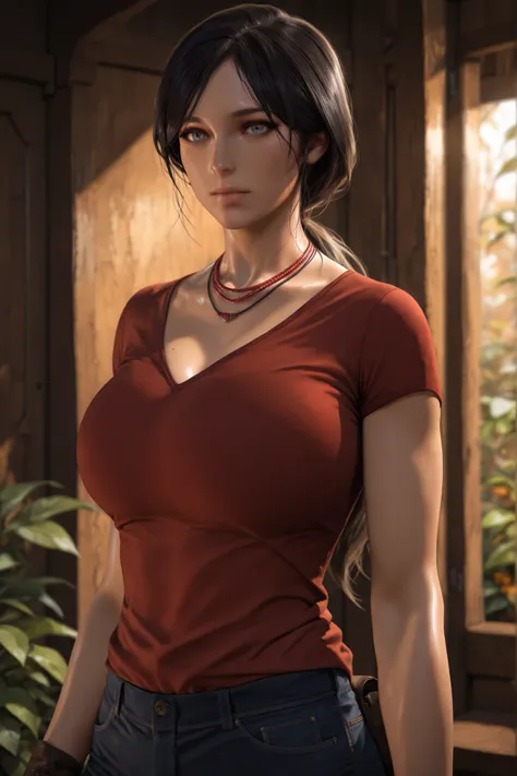 jeans, mole, blurry background, dusky skin, ponytail, breasts, sexy, necklace, face focused, detailed background, beautiful woman, upper body, xchloex, black hair, long hair, low ponytail, grey eyes, dark-skinned female, black eyeliner, realistic, multiple...