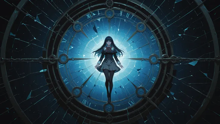 a surreal and terrifying final form of the witch of swings, inspired by Puella Magi Madoka Magica, the witch is no longer human-shaped but a massive pendulum structure swinging across a collapsing dreamscape, her core is a tattered school uniform with a 's...