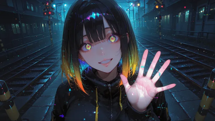 1girl,street lights, neon-color black light, tilt dutch angle,,fisheye-lens, (glitchy noise), waving hand big bye-bye,(multicolor glitch,glitch,neon), overly detailed pupils,glowing,chromatic aberration,railroad crossing,distorted, glitchy noisy train,dyna...