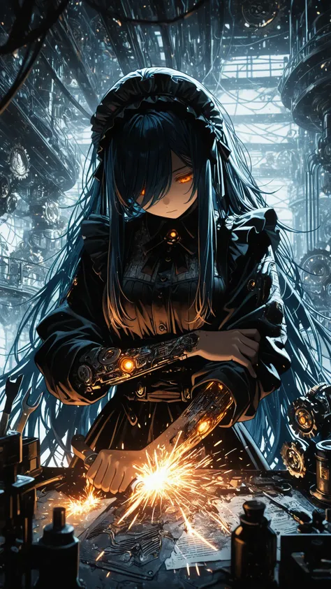 (masterpiece:1.2, Best Quality), C7b3rp0nkStyle, ((very long bangs, hidden face, face hidden by hair)), head tilt, looking up, beautiful face, long sidelocks framing face, long swept bangs, dark blue hair, messy hair, braid, orange eyes, glowing eyes, ((ho...