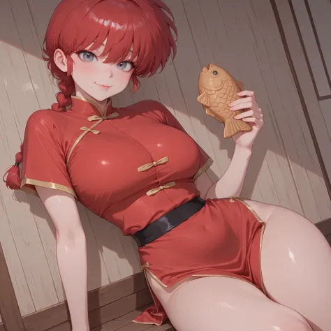 (masterpiece), (best quality), (8K), (good anatomy), 1girl,eating taiyaki,ranma-chan, ranma 1/2,small girl,petit, red hair, grey eyes, large breasts,narrow waist,very cute, red china clothes,smile