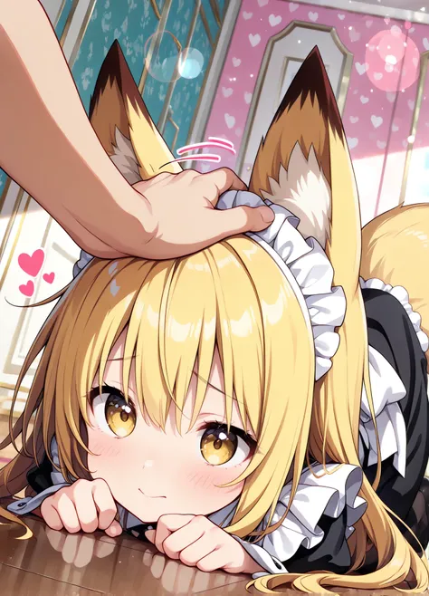 (masterpiece, top quality), (colorful),1girl, fox ears,foxtail,yellow long hair,yellow eyes, ((headpat))、(shy face)、,heart background,maid uniform , very detailed , dynamic angle, 4k,lying on the floor, (high resolution), (Anime Style,cute),blush, (Pretty)...