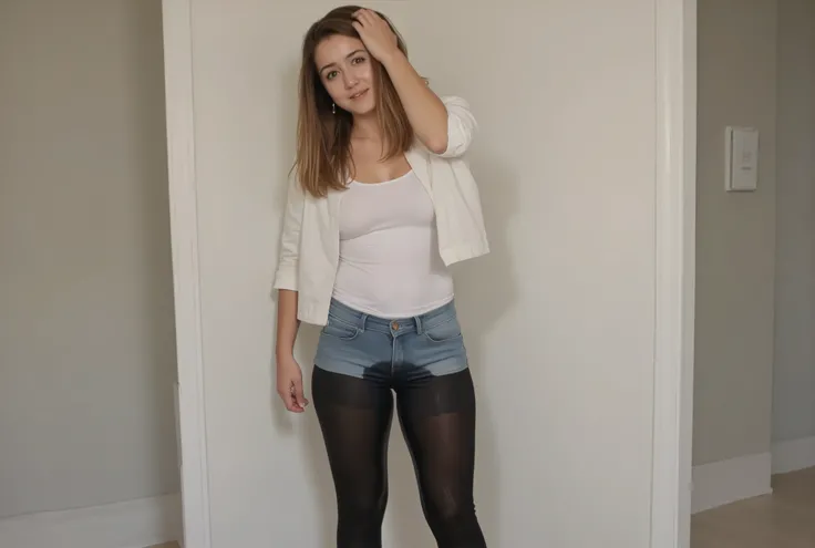 Picture of a young woman, with brunette straight hair, smiling mischievously at the camera, wearing black tights, a white leotard, denim shorts, a white blouse, short white socks, and white sneakers. She is peeing herself. The shorts and tights shows stain...