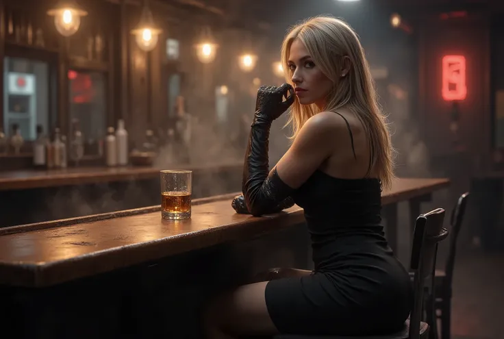 A blonde woman sits alone at a dark, smoky bar lit by warm golden lights. She wears a tight black dress and long gloves, exuding mystery and confidence. A glass of whiskey rests in front of her as she stares into the distance, the faint glow of neon outsid...