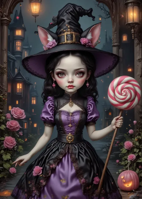 Realistic、Cute Japanese cat girl、  Fairyland  、 a Halloween witch cosplay 、Witch Hat、cute woman wearing a Halloween dress、in an old medieval house、I have a big colorful candy、3D,high image quality、realistic、cinematic lighting、fun atmosphere、high image qual...