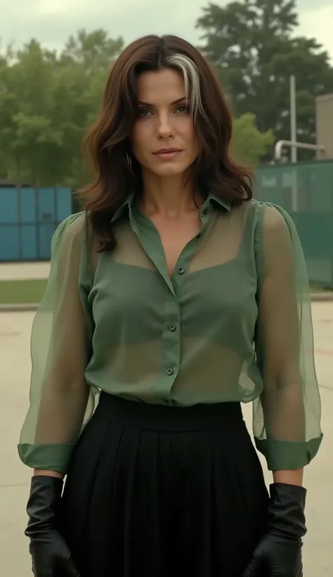 realistic-looking Sandra Bullock with brown hair and white front locks. Intense look and dark makeup. Wears translucent green blouse and black skirt with long gloves.
Fundo alterado: schoolyard with trees and sports court.
Estilo 8K realista, focus on the ...