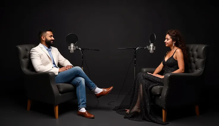 Two Chairs and Microphones on Dark Background - Perfect for Media Conversations and Podcast Streamers - Copyspace In. One Indian man sitting on one single Sofa chair and another chair is seated by a woman, woman wearing a black sparkling gown and the man w...