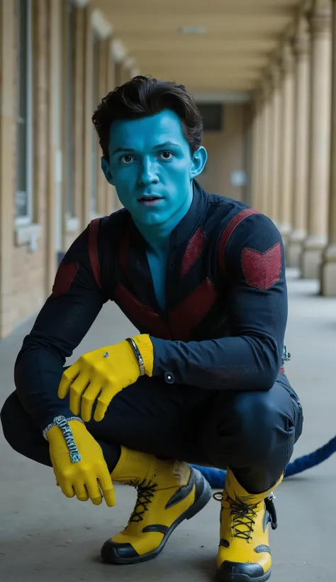 Tom Holland with realistic blue skin, bright yellow eyes and medium black hair. wears a black uniform with red details on the shoulders and chest, yellow gloves and boots, plus a blue tail visible behind. squatting position, curious and confident expressio...