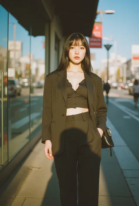 /imagine prompt: Afternoon urban street corner, sunlit crosswalk and glass storefront reflections, full-length framing (plan entier) :: Asian adult woman (23) :: idol-like face, reminiscent of BLACKPINK Jennie (public figure likeness, not exact match), squ...