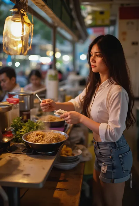 A warm and inviting scene unfolds as the sun casts a gentle glow on the bustling chinatown in Jakarta. Tjia, a beautiful noodle trader, dressed in a crisp white shirt and mini blue jeans skirt, busily prepares steaming hot noodles for eager customers seate...
