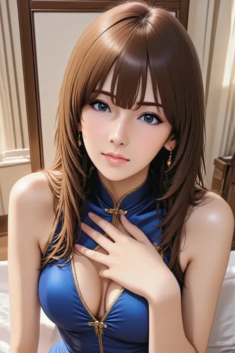 1girl, head back, arched back, hand on own chest, long hair, silky straight hair, heavy makeup, red lips, facing up, looking at viewer, light smile, from above, from side, Wearing blue Cheongsam, slender body, slim waist, full body