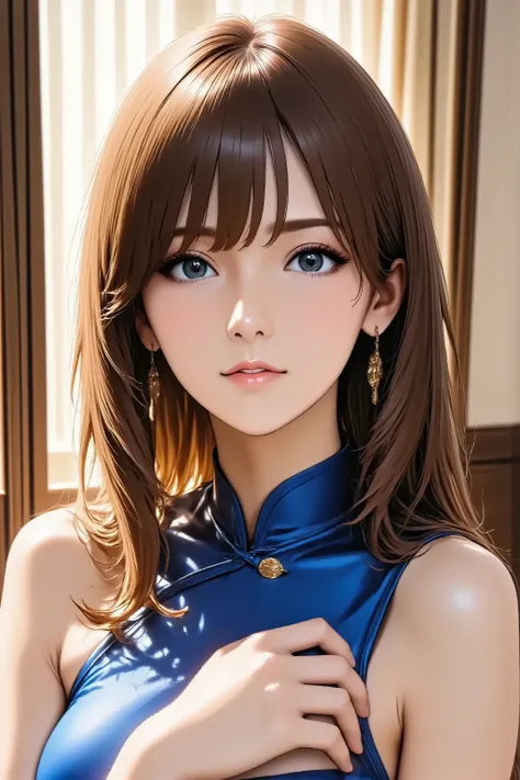 1girl, head back, arched back, hand on own chest, long hair, silky straight hair, heavy makeup, red lips, facing up, looking at viewer, light smile, from above, from side, Wearing blue Cheongsam, slender body, slim waist, full body