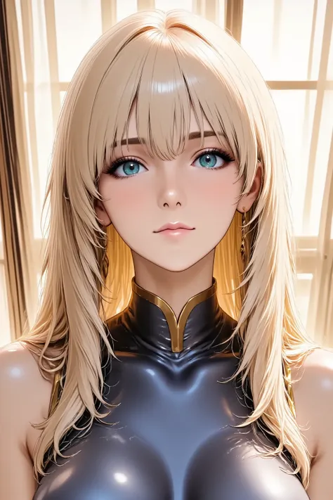 1girl, head back, arched back, long hair, silky straight hair, heavy makeup, red lips, facing up, looking at viewer, light smile, from above, from side, Artoria Pendragon's costume, slender body, slim waist, full body