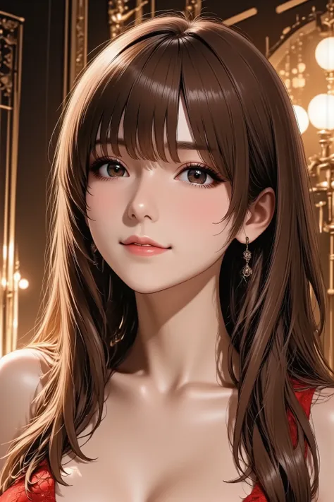 1girl, head back, arched back, long hair, silky straight hair, heavy makeup, red lips, parted lips, facing up, looking at viewer, light smile, from above, from side, slender body, slim waist, full body, glamorous cabaret girl